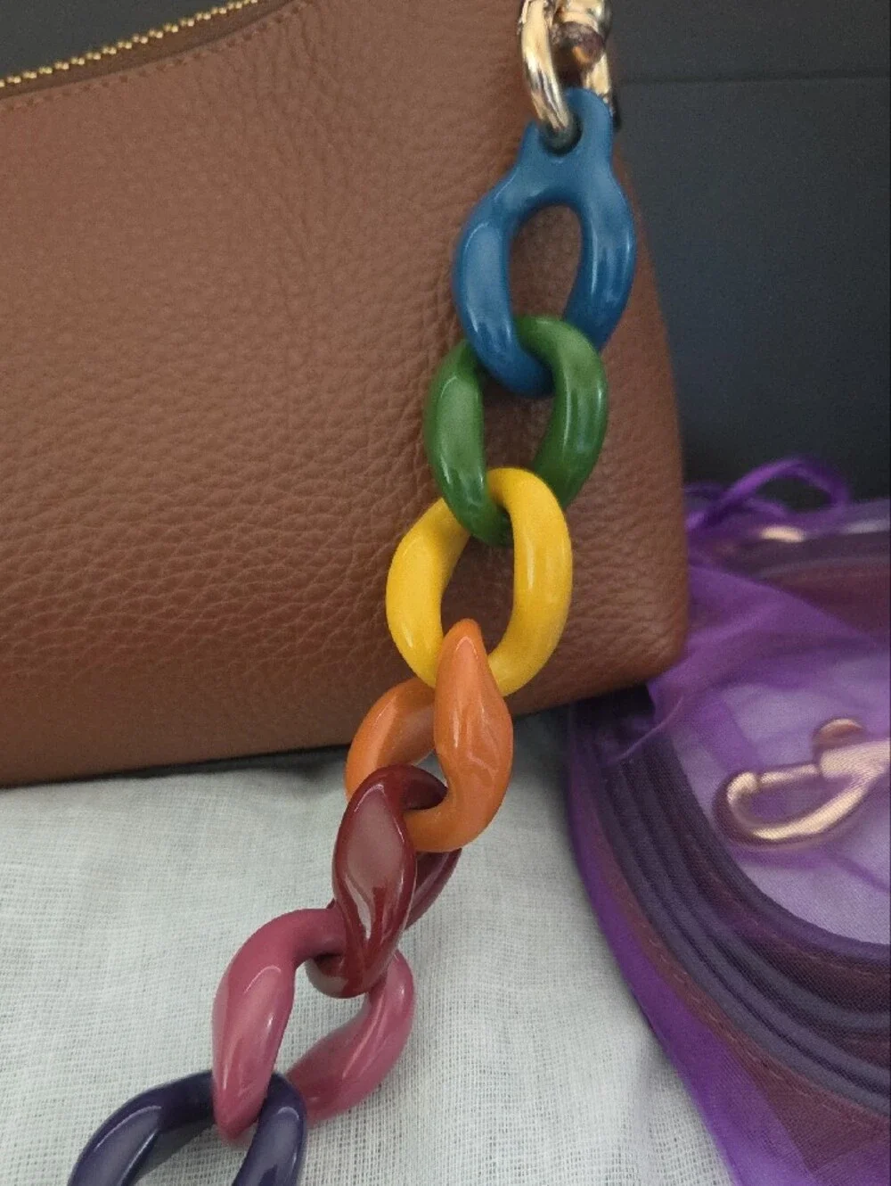 NWOT Coach Charlotte Shoulder Bag in Refined Pebble Leather with Rainbow Chain